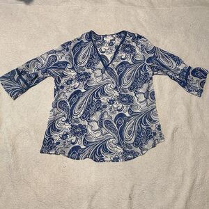 Susan Graver 1x tunic Sheer Blouse Blue & White paisley resort